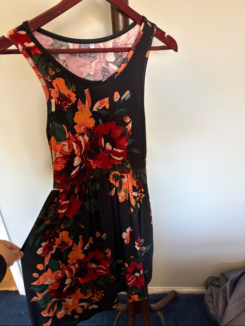 Floral Sleeveless Black Dress with Red & Orange Blooms